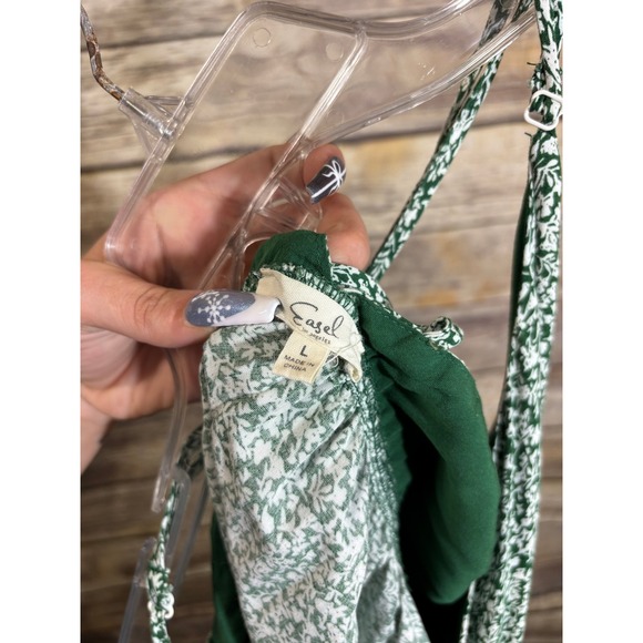 Easel Floral Print Midi Dress Green White Tiered Woven Spaghetti Strap V Neck L - Picture 5 of 6